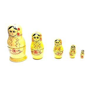 1989 Soviet-Era Russian Nesting Dolls—5-Piece Yellow Matryoshka Set w/Label—EUC